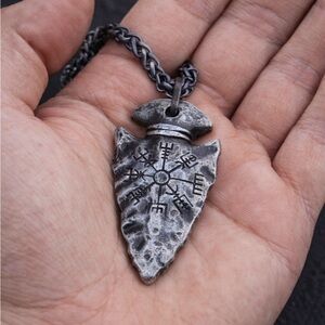 Oxidized Silver Arrowhead Pendant Necklace - Tribal Rune Design